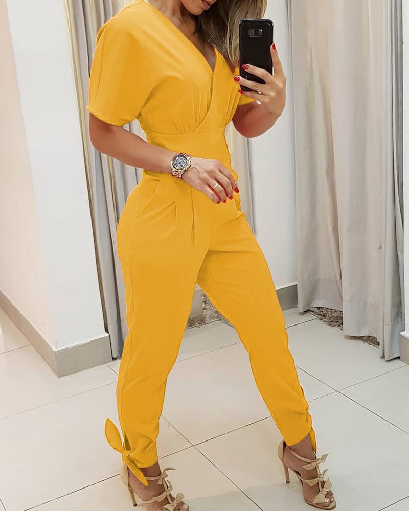 

V Neck Short Sleeve Tied Detail Jumpsuit, Yellow