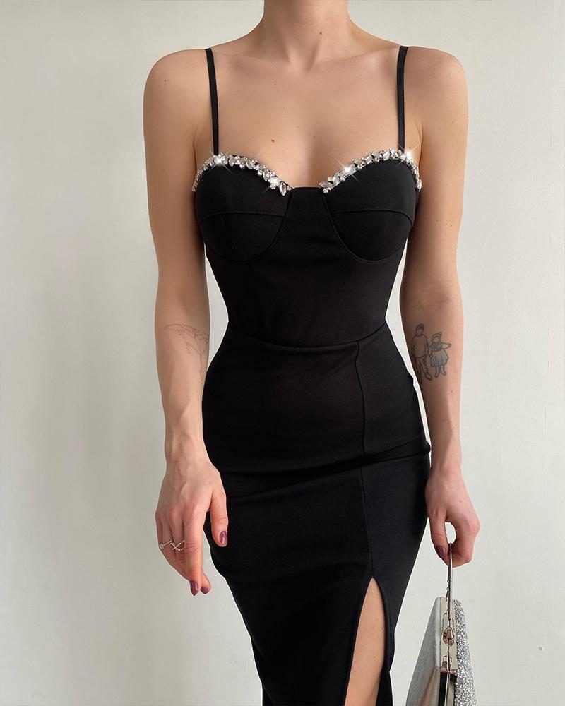 

Rhinestone Decor Split Thigh Midi Dress, Black