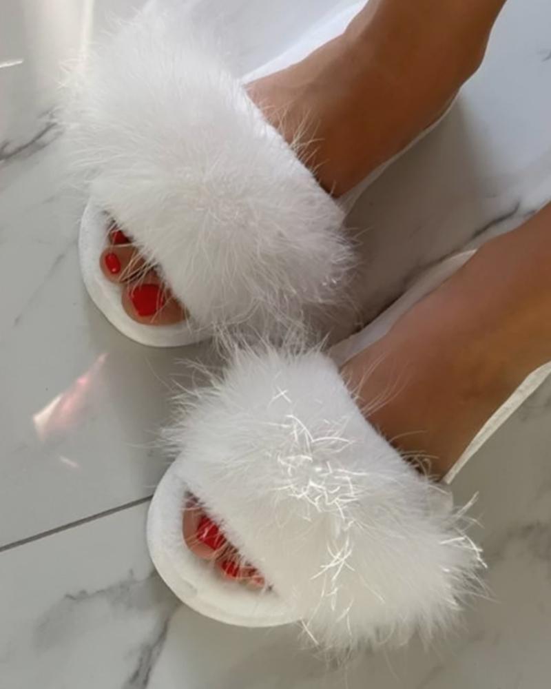 

Fuzzy One Strap Slippers, Beige