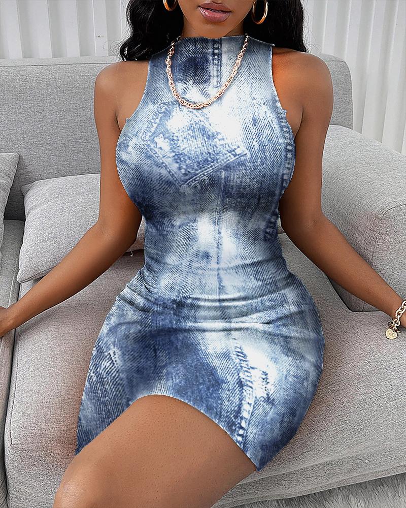 

Denim Look Print Sleeveless Bodycon Dress, Blue