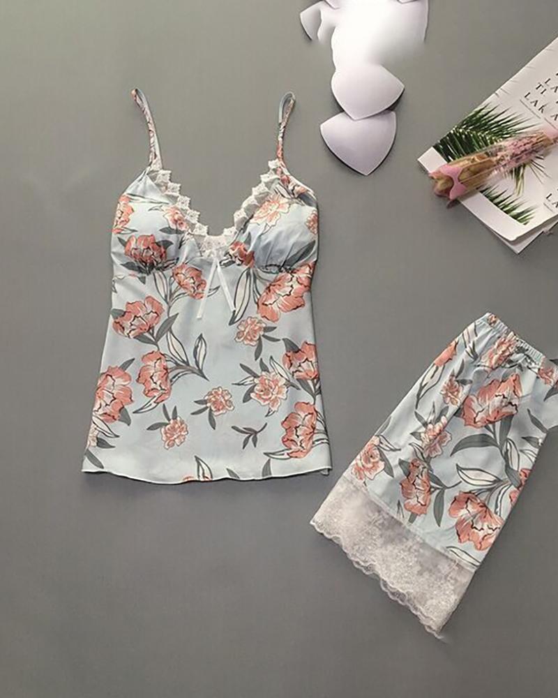 

Floral Print Spaghetti Strap Lace Trim Cami Set, Light blue