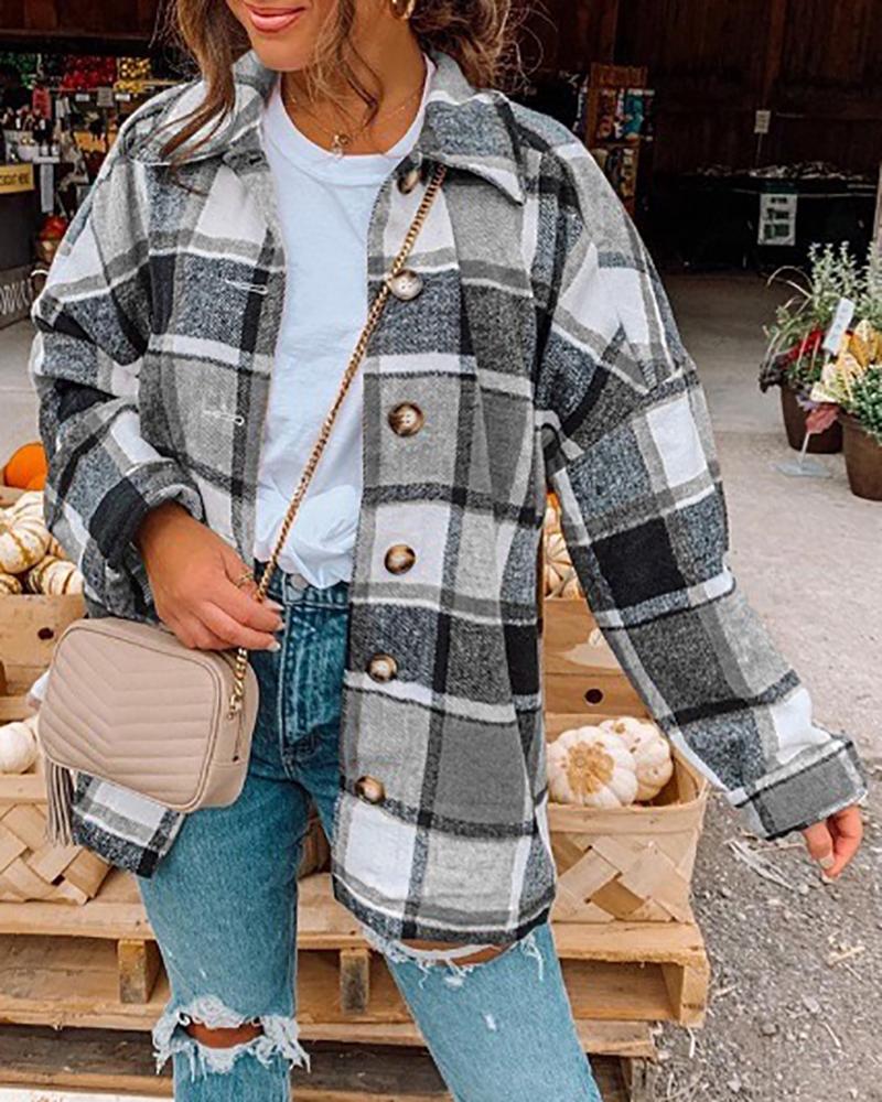 

Long Sleeve Buttoned Plaid Print Shacket, Gray