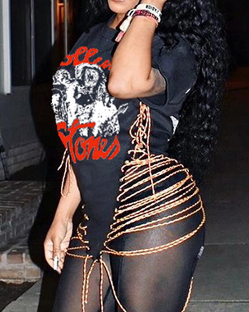 

Letter Graphic Print Eyelet Lace-up Hanky Hem T-shirt, Black