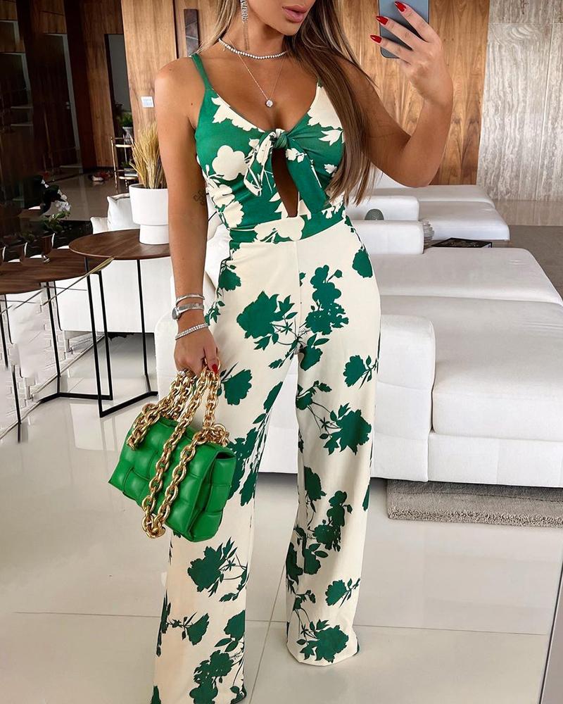 

Wide Leg Knotted Floral Print Cutout Jumpsuit, Green
