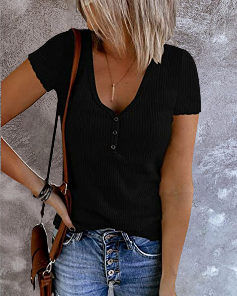 

Short Sleeve Button Front V-Neck Casual T-shirt, Black