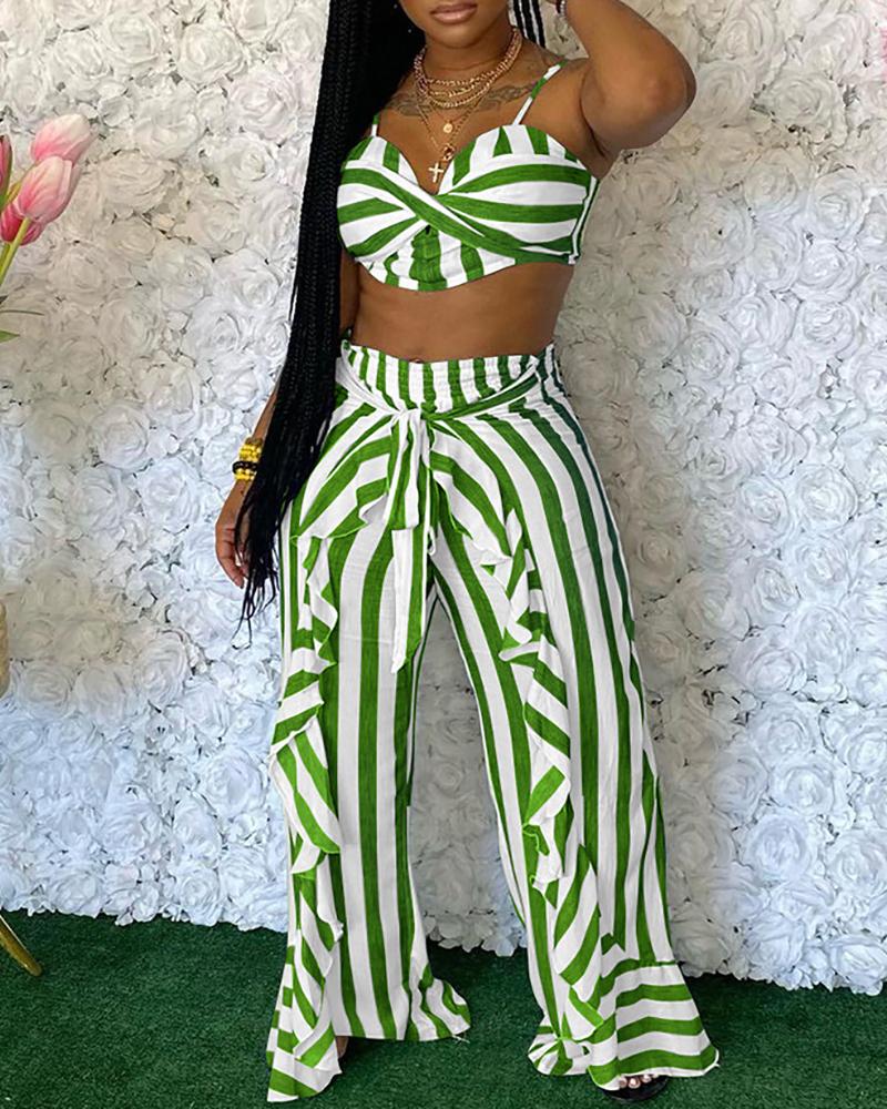 

Striped Crop Top & Ruffle Hem Pants Set, Green
