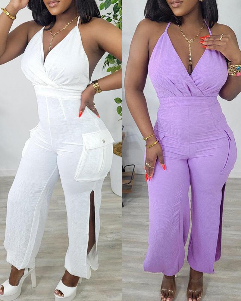 

Halter Backless Side Slit Jumpsuit, White