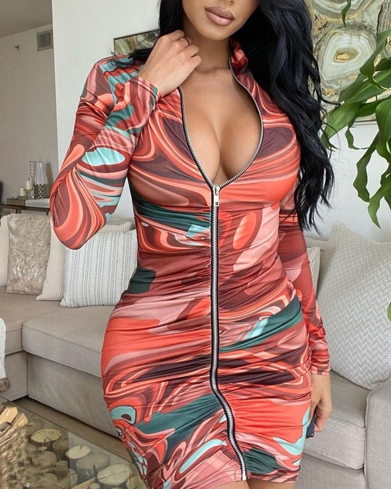 

Marble Print Zipper Up Ruched Bodycon Dress, Multicolor