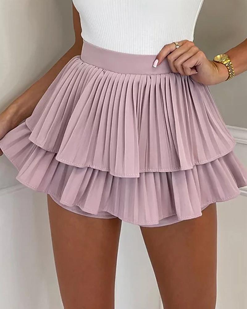 

Plain Layered Pleated Mini Skirt, Light purple