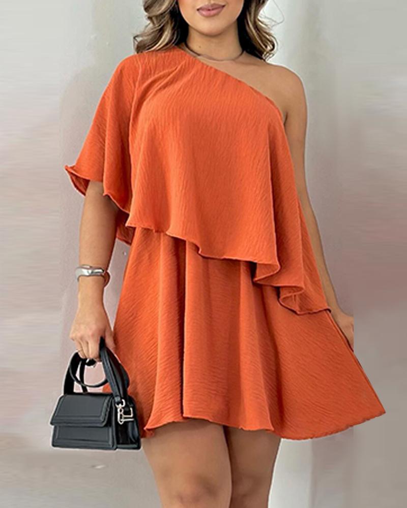 

One Shoulder Ruffle Hem Mini Dress, Orange