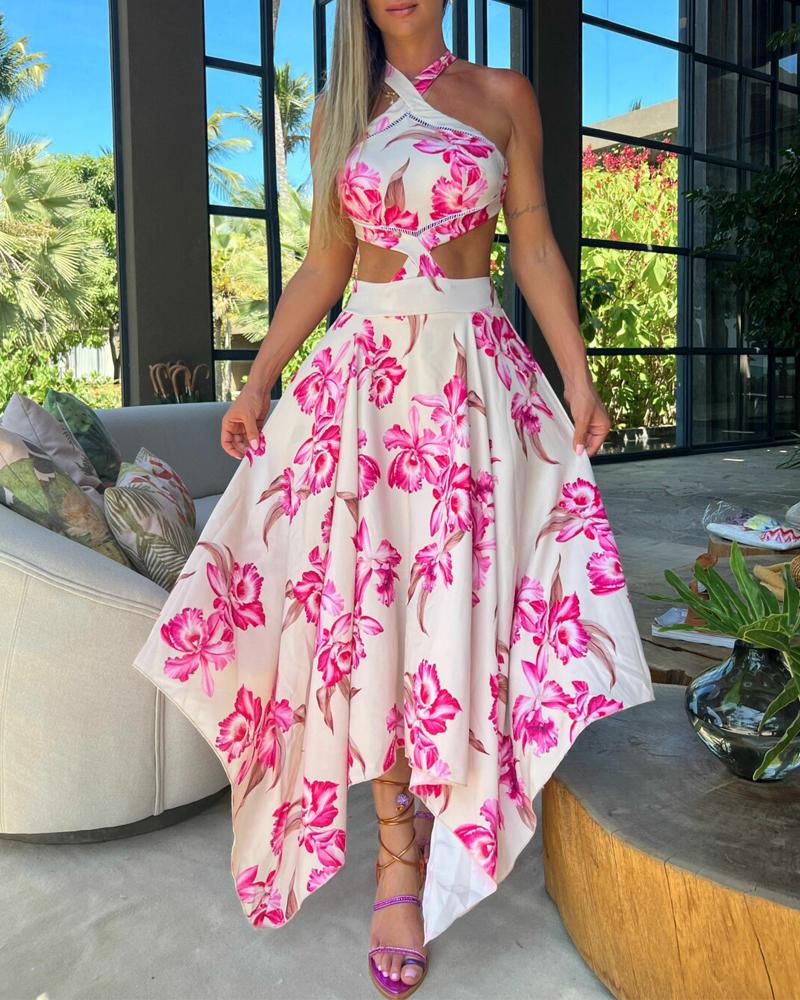 

Floral Print Crisscross Backless Cutout Asymmetrical Dress, Multicolor