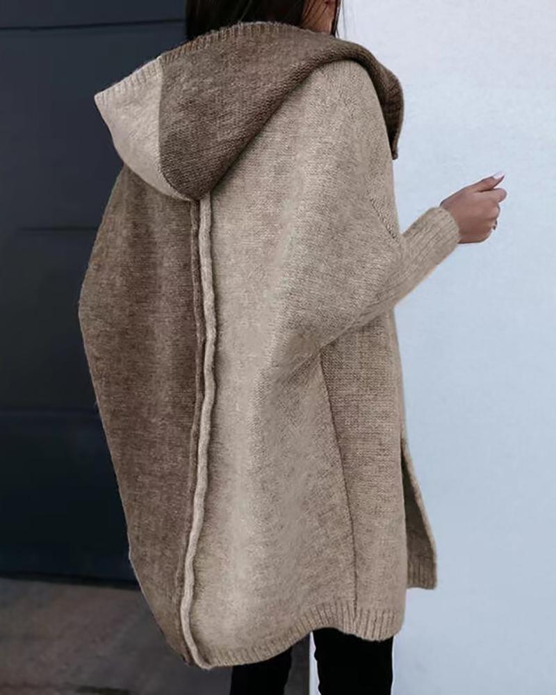 

Long Sleeve Contrast Piping Colorblock Hooded Cardigan, Brown