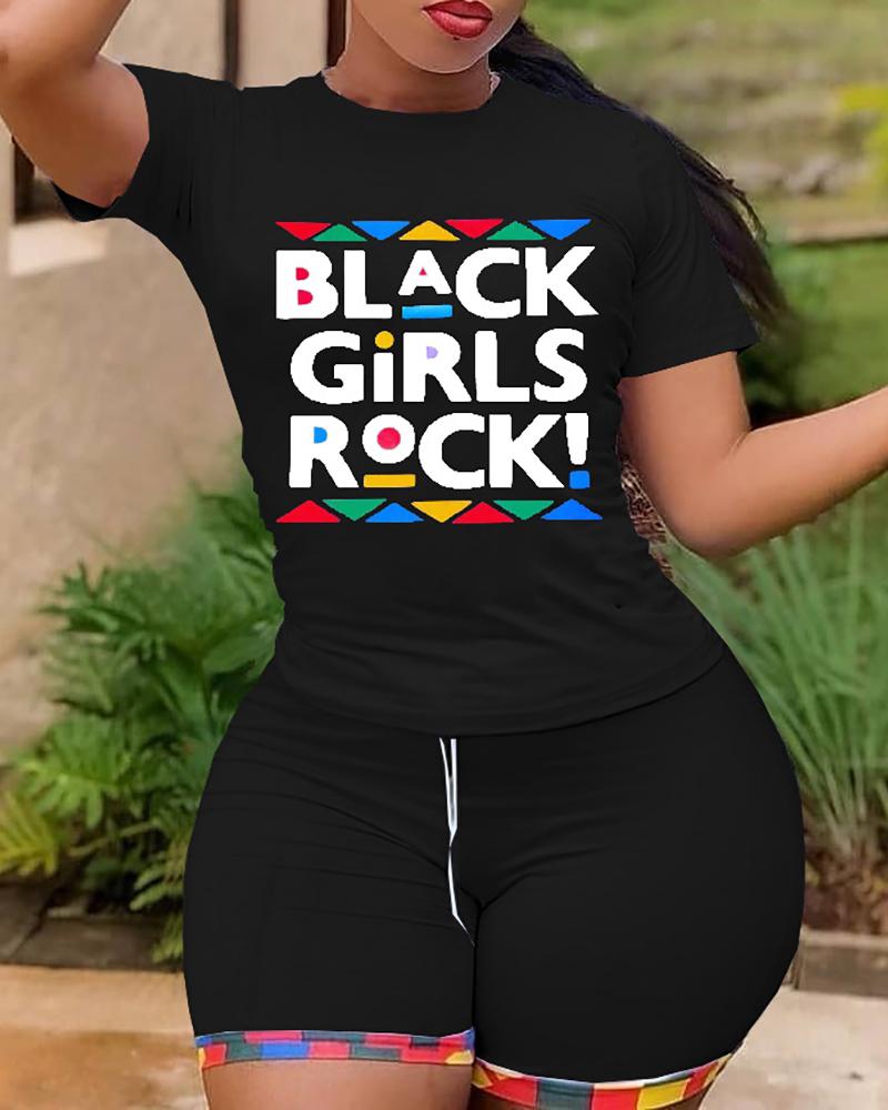 

Geo Letter Print T-shirt & Colorblock Shorts Set, Black
