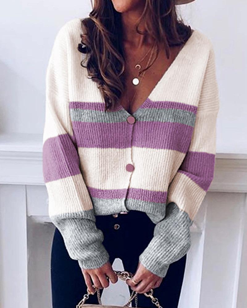 

Striped Print Colorblock Button Front Cardigan, Hot pink
