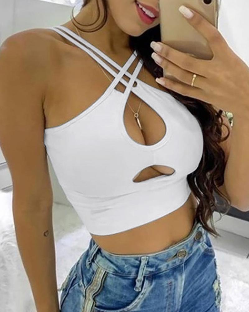 

Plain Cutout Design Spaghetti Strap Halter Tank, White