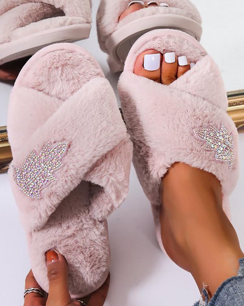 

Fuzzy Rhinestone Leaf Pattern Slippers, Pink