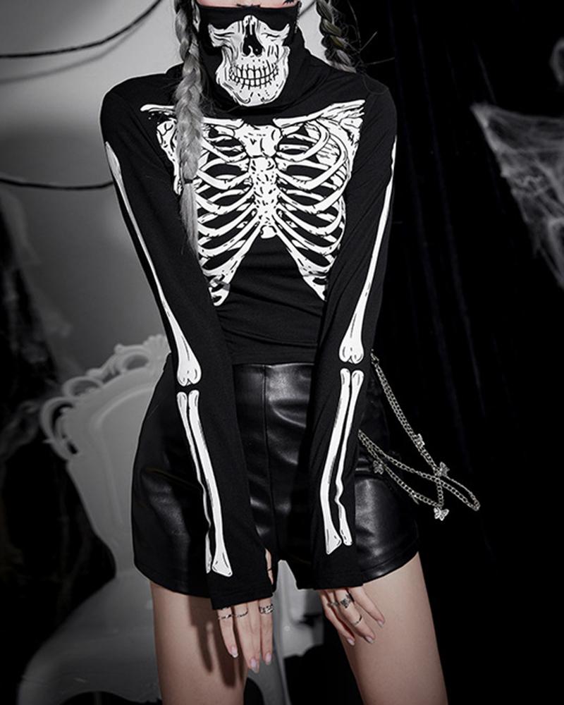

Halloween Skeleton Print High Neck Top, Black