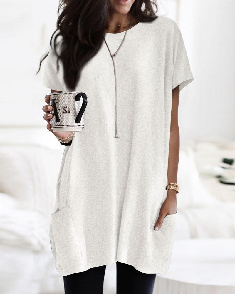 

Pocket Design Round Neck Casual T-shirt, White
