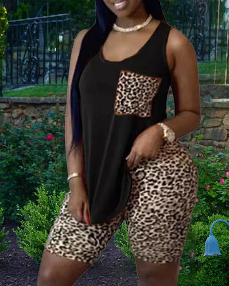 

Plus Size Leopard Print Casual Tank Top & Shorts Set, Black