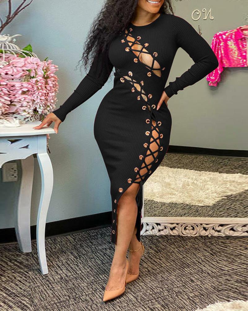 

Ribbed Grommet Eyelet Lace-up Bodycon Dress, Black