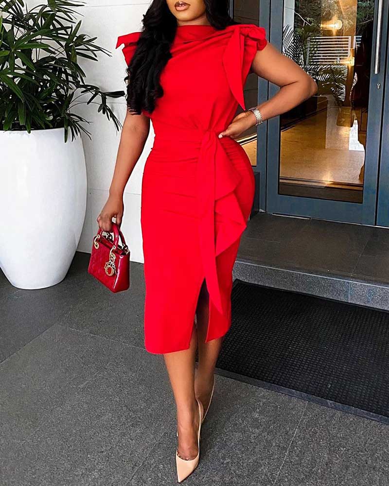 

Ruffles Trim Tied Detail Work Dress, Red