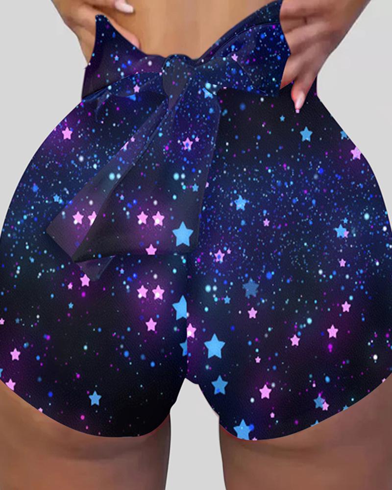 

Bowknot Decor Starry Sky Print Butt Lifting Yoga Shorts, Style2