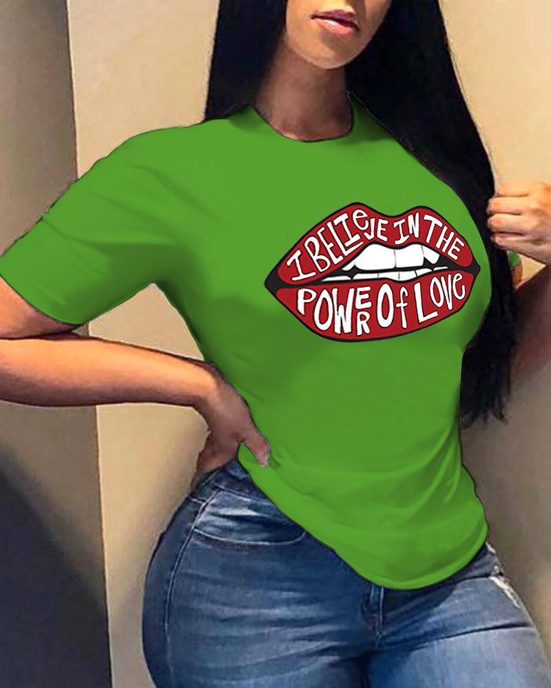 

Lip Letter Print Short Sleeve T-shirt, Green