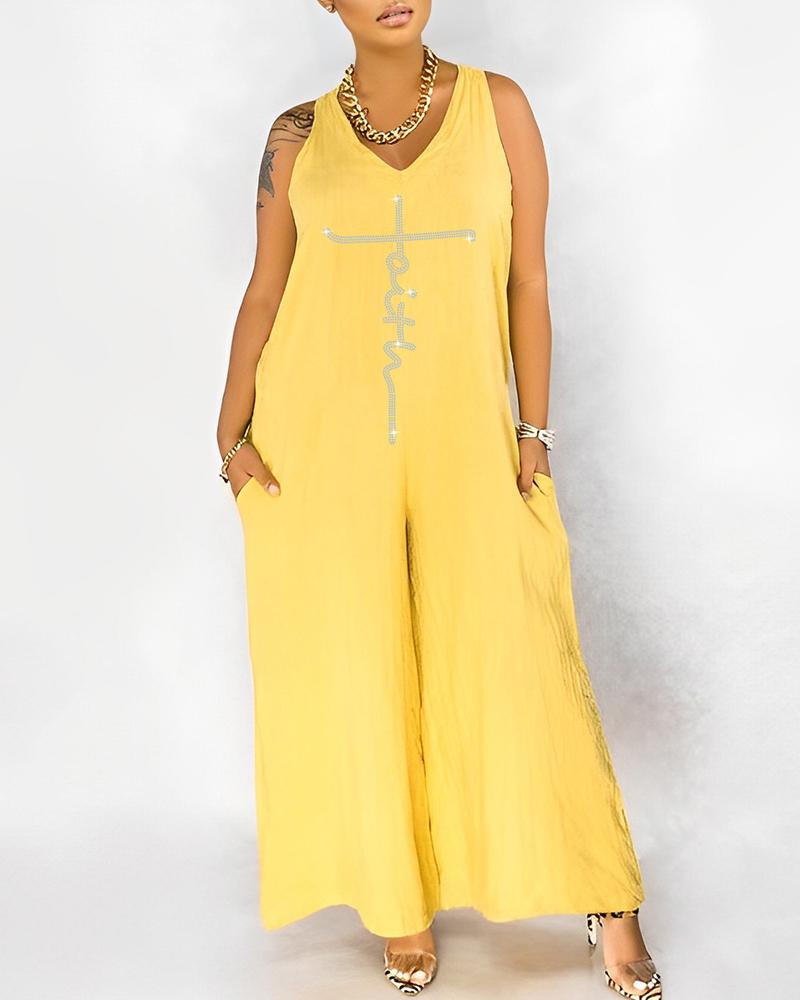 

Rhinestone Faith Pattern Wide Leg Jumpsuit, Yellow