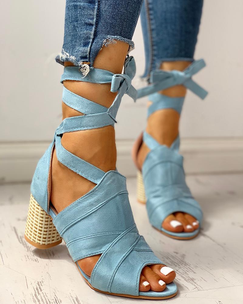 

Bandage Lace-up Peep Toe Chunky Heeled Sandals, Light blue