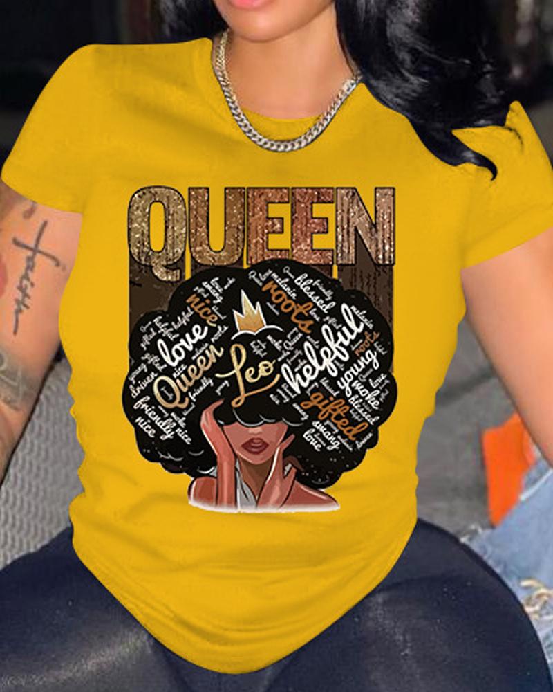 

Figure Letter Print Casual T-shirt, Yellow