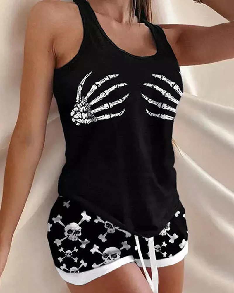

Halloween Skull Hands Print Drawstring Pajamas Set, Black