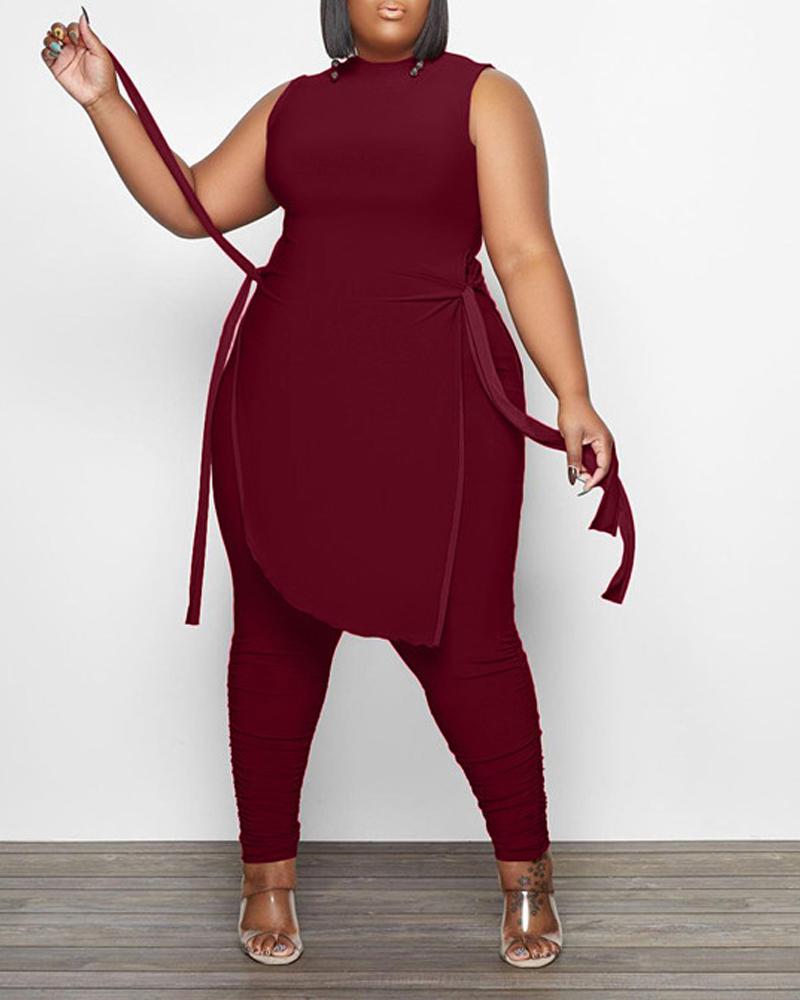 

Plus Size Tied Detail Asymmetrical Top & Ruched Pants Set, Wine red