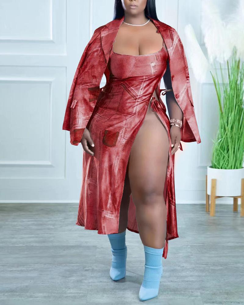 

Plus Size Denim Look Print High Slit Dress & Blazer Set, Wine red