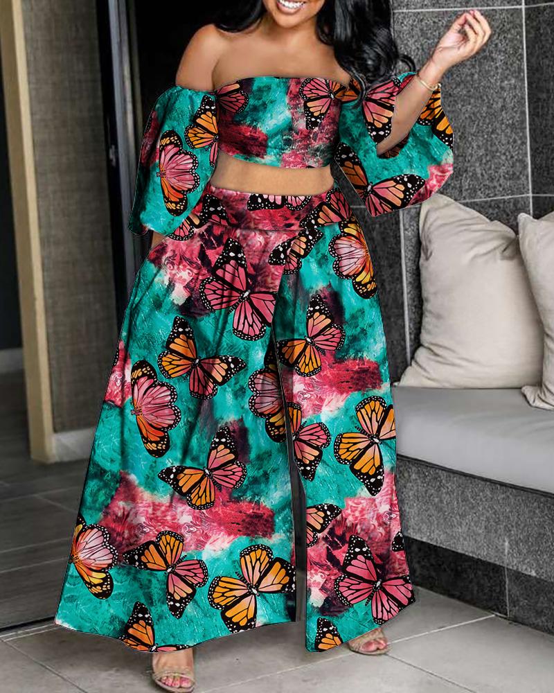 

Off Shoulder Crop Butterfly Print Top & Skirt Set, Multicolor