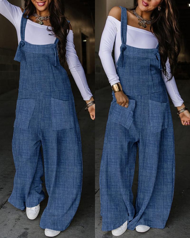 

Pocket Design Wide Leg Suspender Jumpsuit, Blue