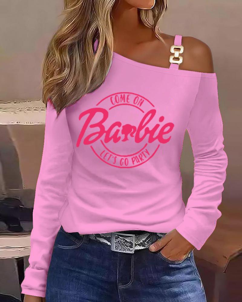 

Come On Barbie Let' Go Party Print Chain Decor Top, Pink