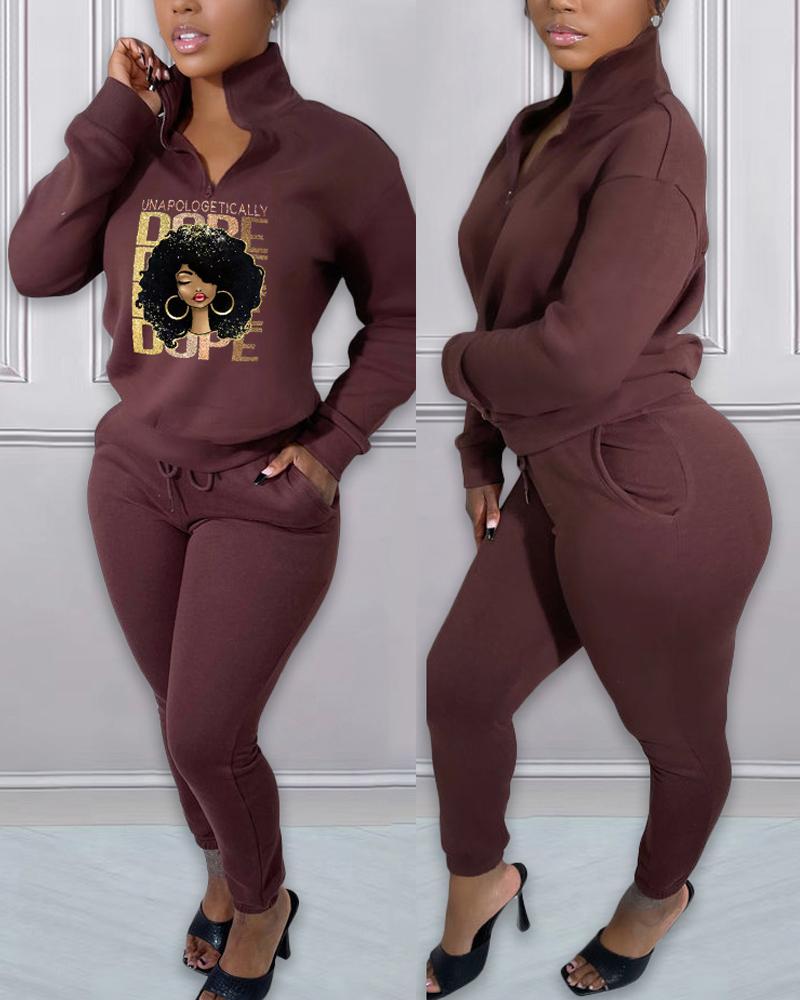 

Figure Letter Print Casual Top & Drawstring Pants Set, Coffee