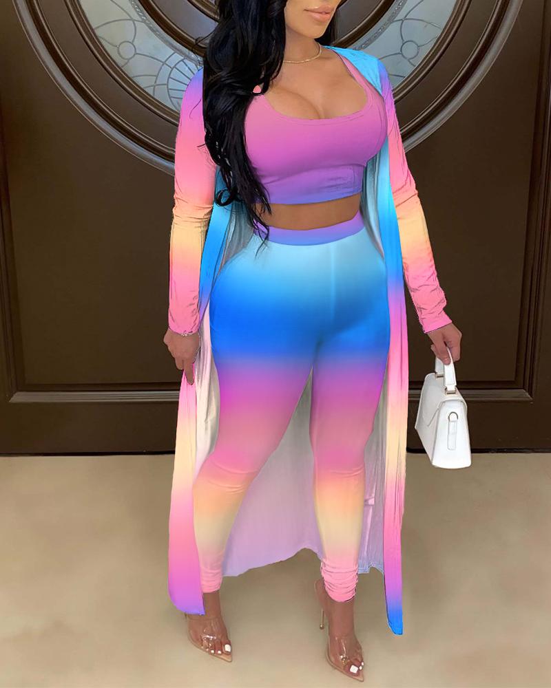

Ombre Colorblock Tank Top & High Waist Pants Set With Long Sleeve Cardigan, Blue