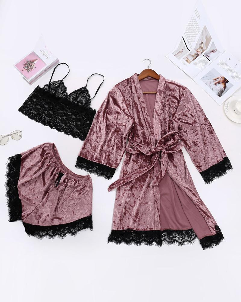 

3PCS Lace Trim Cami Set With Belted Velvet Robe, Pink