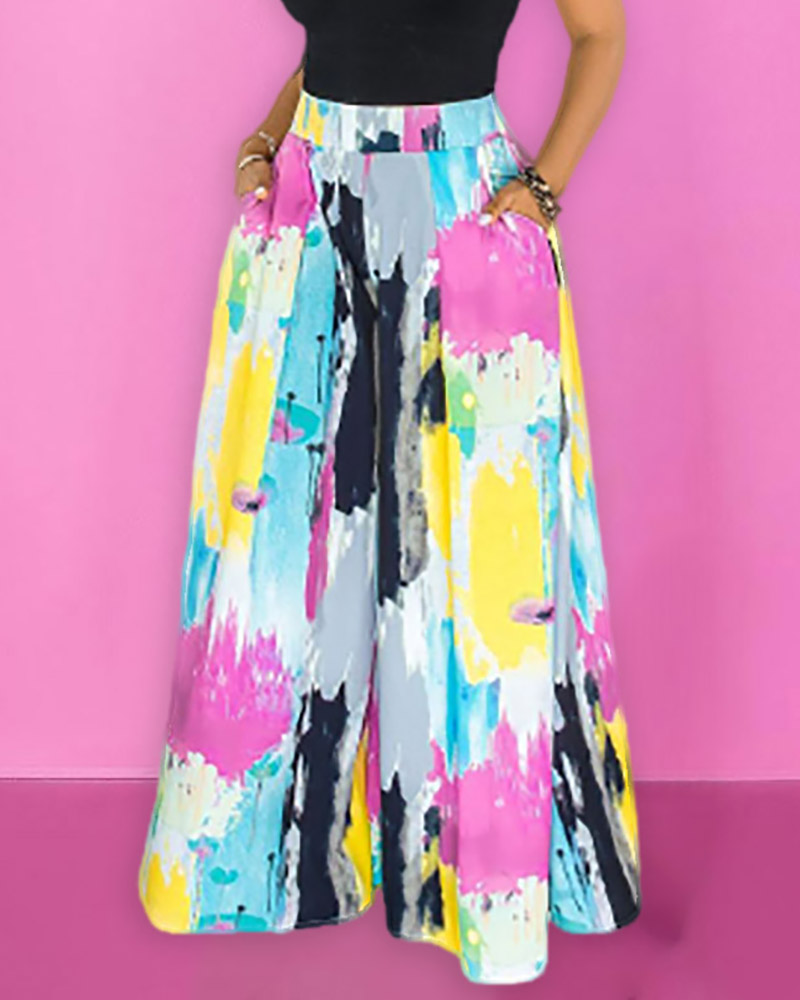 

Letter Print / Colorblock High Waist Pocket Design Pants, Style4