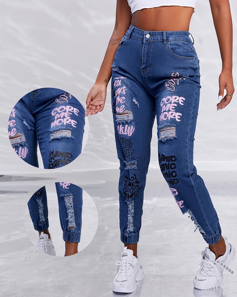 

Letter Print Cutout Ripped Cuffed Jeans, Blue