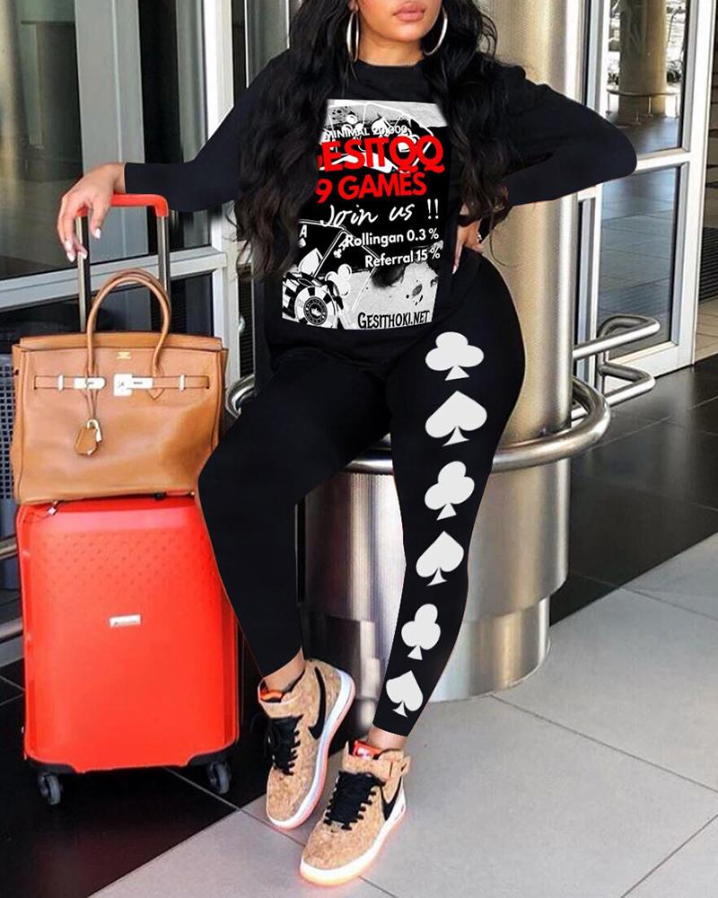 

Letter Print Casual Top & Poker Print Pants Set, Black