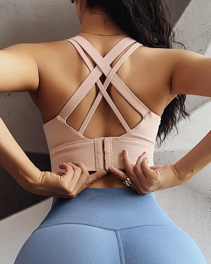 

Solid Color Cross Strap Sleeveless Skinny Sport Cropped Tank, Pink