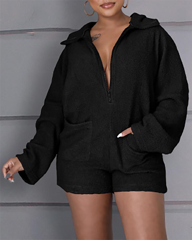

Pocket Design Long Sleeve Hooded Teddy Romper, Black