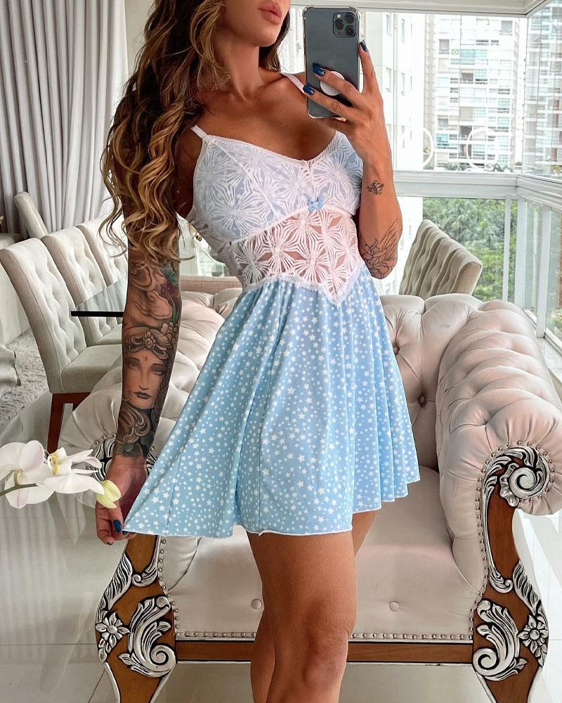 

Star Print Contrast Lace Nightdress, Blue