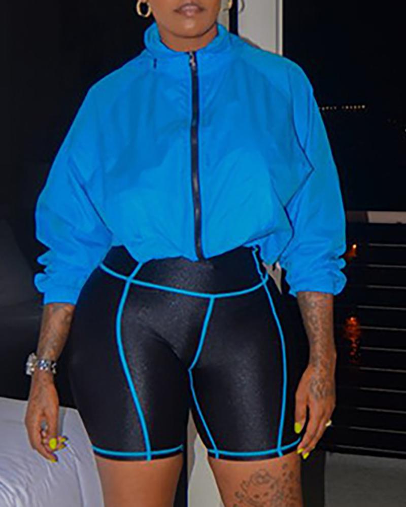 

Zipper Sporty Coat & Contrast Piping Short Set, Blue