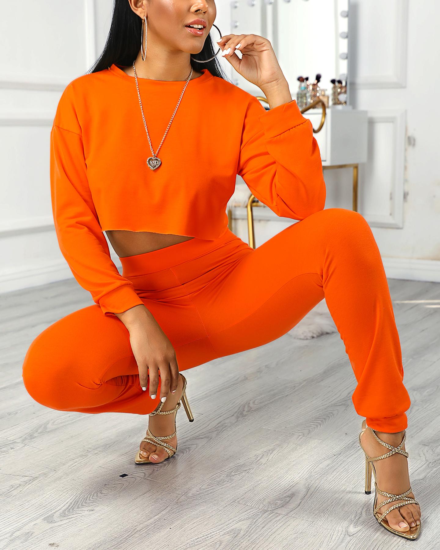 

Frill Hem Crop Women Top & Pocket Design Pants Sets, Orange