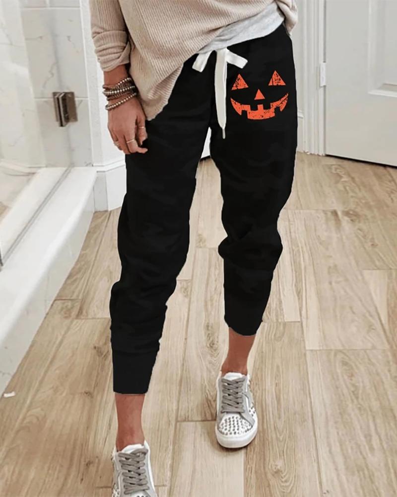 

Halloween Pumpkin Face Print Drawstring Pants, Black
