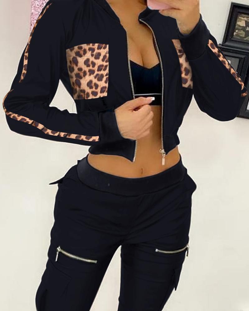 

Leopard Print Colorblock Zipper Pocket Design Long Sleeve Jacket, Black