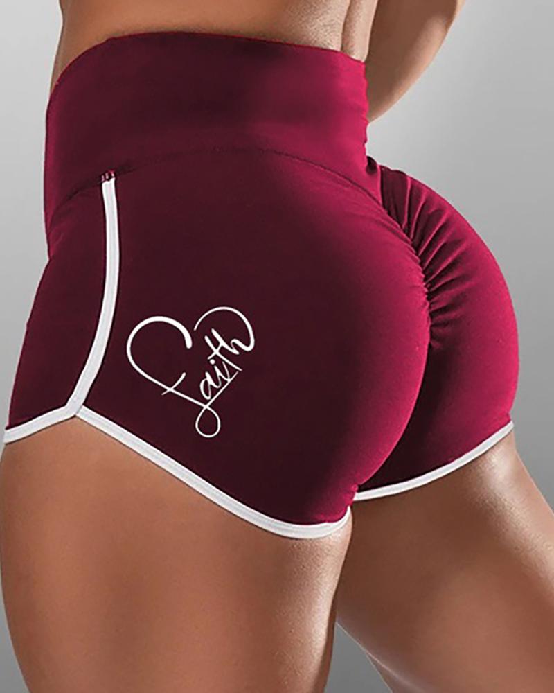 

Yoga Pants High Waisted Workout Shorts Heart Print Contrast Binding Short Pant, Wine red